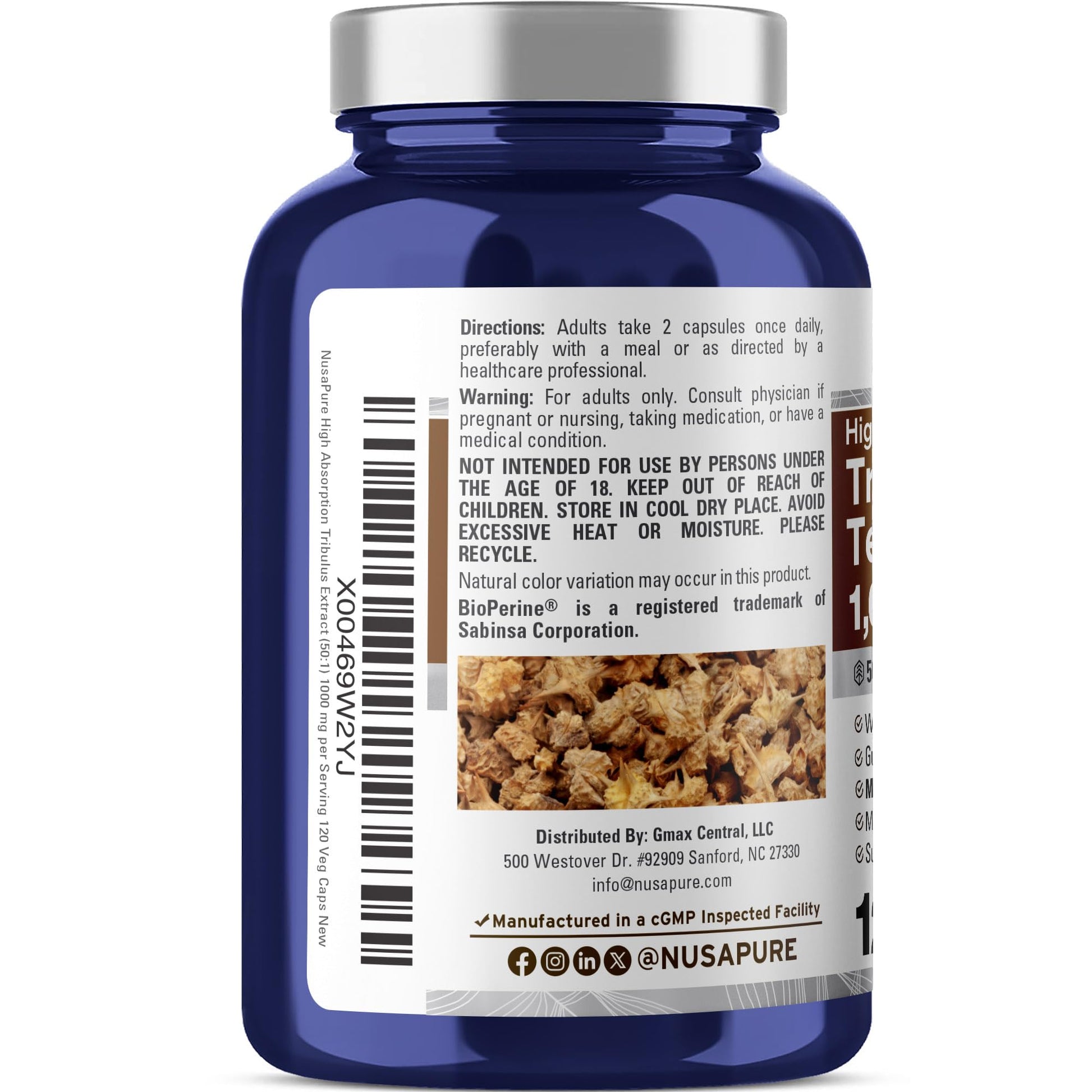 Side label of NusaPure Tribulus Terrestris detailing ingredient list