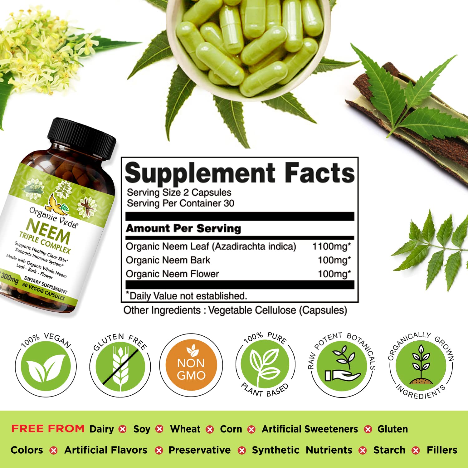 Organic Veda Neem Triple Complex supplement facts label