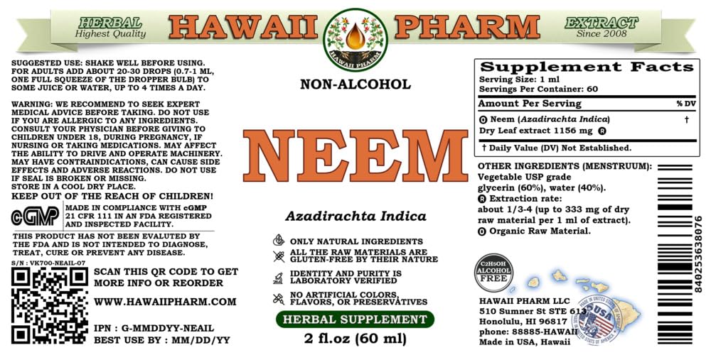 Hawaii Pharm Neem Alcohol Free Extract supplement facts label