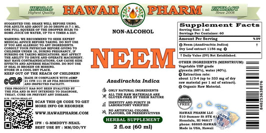Hawaii Pharm Neem Alcohol Free Extract supplement facts label