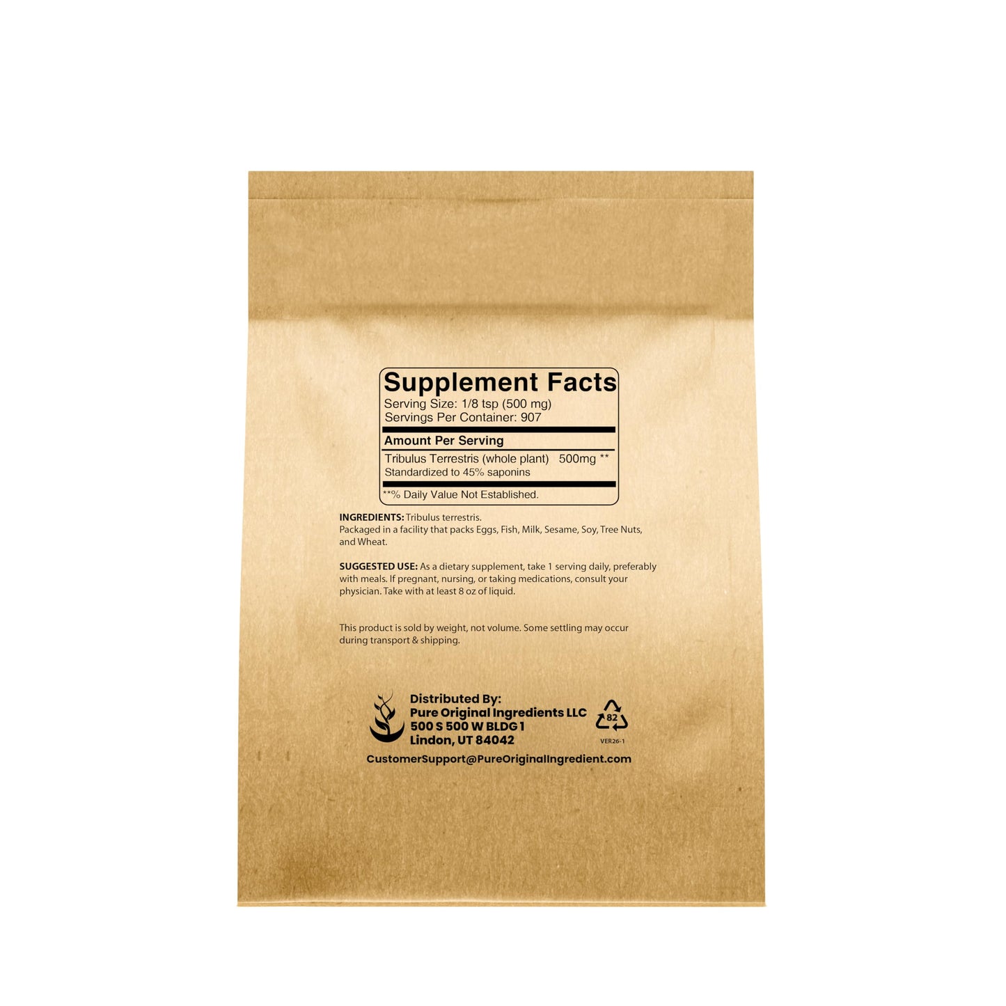 Pure Original Ingredients Tribulus Terrestris powder texture and supplement packaging