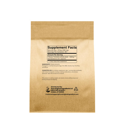 Pure Original Ingredients Tribulus Terrestris powder texture and supplement packaging