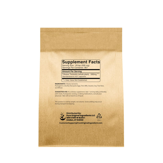 Pure Original Ingredients Tribulus Terrestris powder texture and supplement packaging