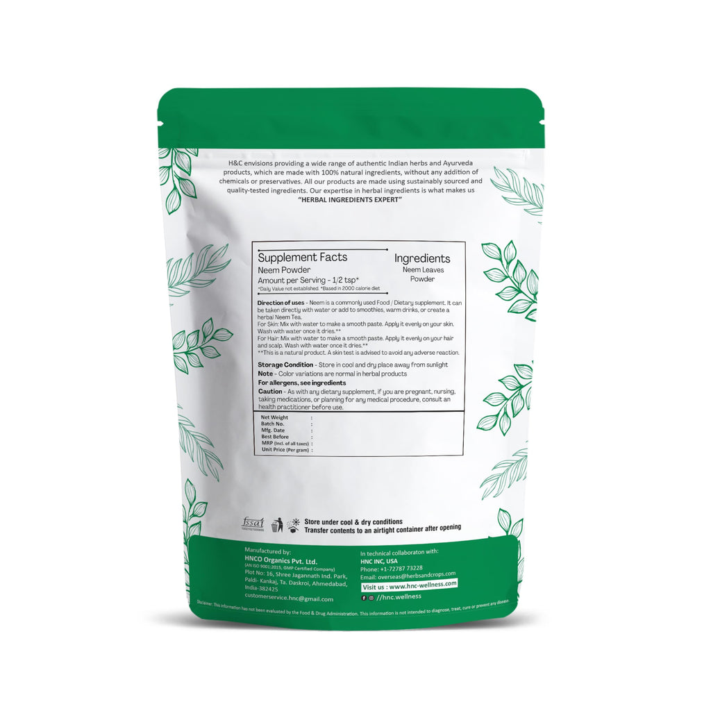 Organic H&C Natural Neem Leaves Powder pouch layout