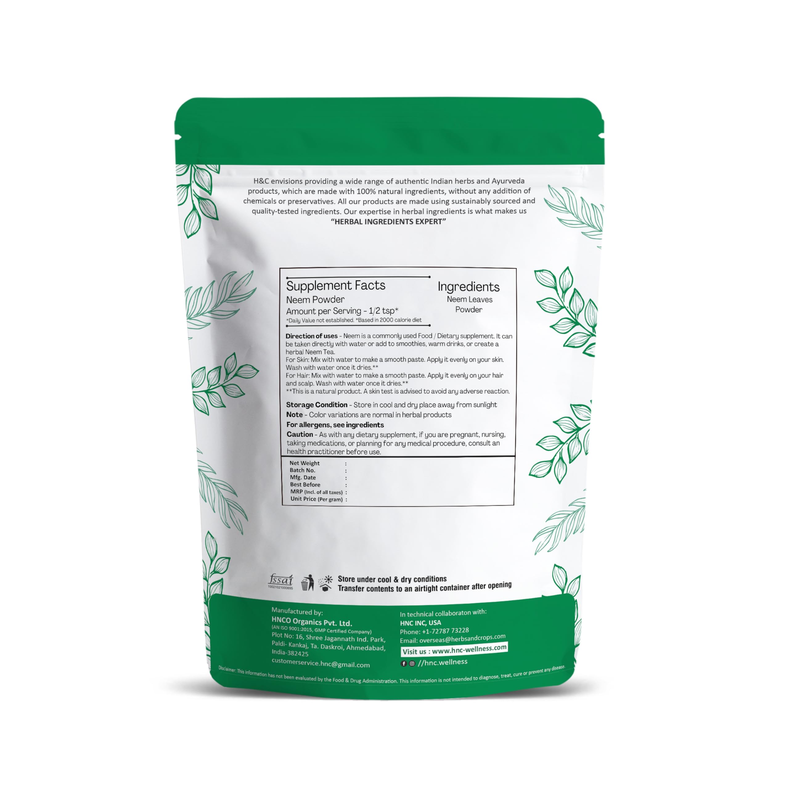 Organic H&C Natural Neem Leaves Powder pouch layout