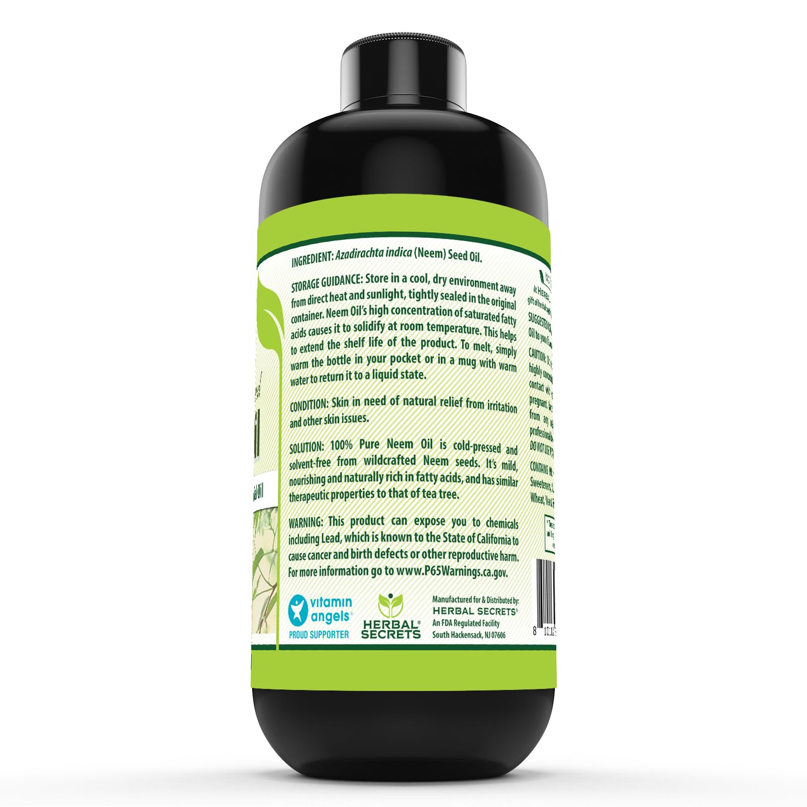 Herbal Secrets Therapeutic Grade Neem Oil supplement packaging details