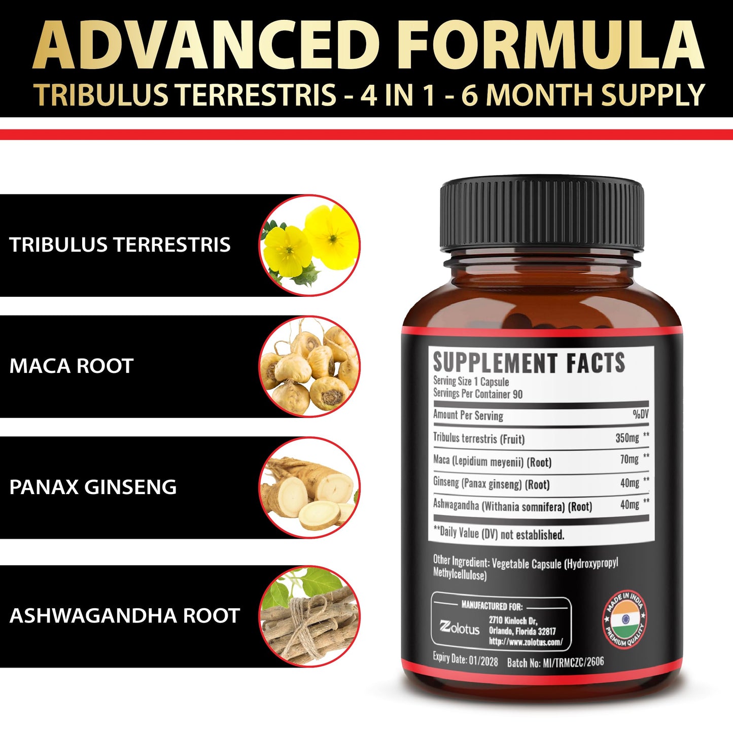 Authentic Zolotus Tribulus Maca Ashwagandha bottle for physical performance