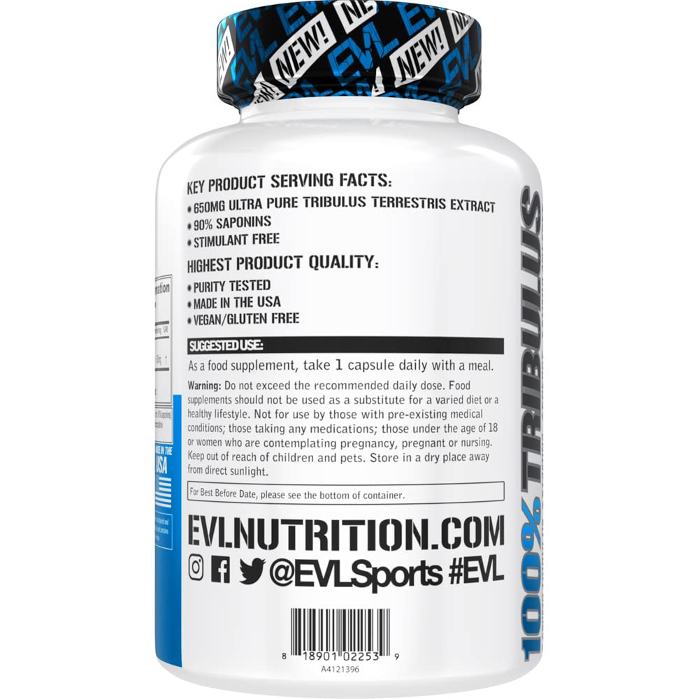 Back side of Evlution Nutrition Pure Tribulus bottle showing ingredients