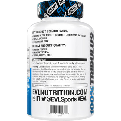Back side of Evlution Nutrition Pure Tribulus bottle showing ingredients