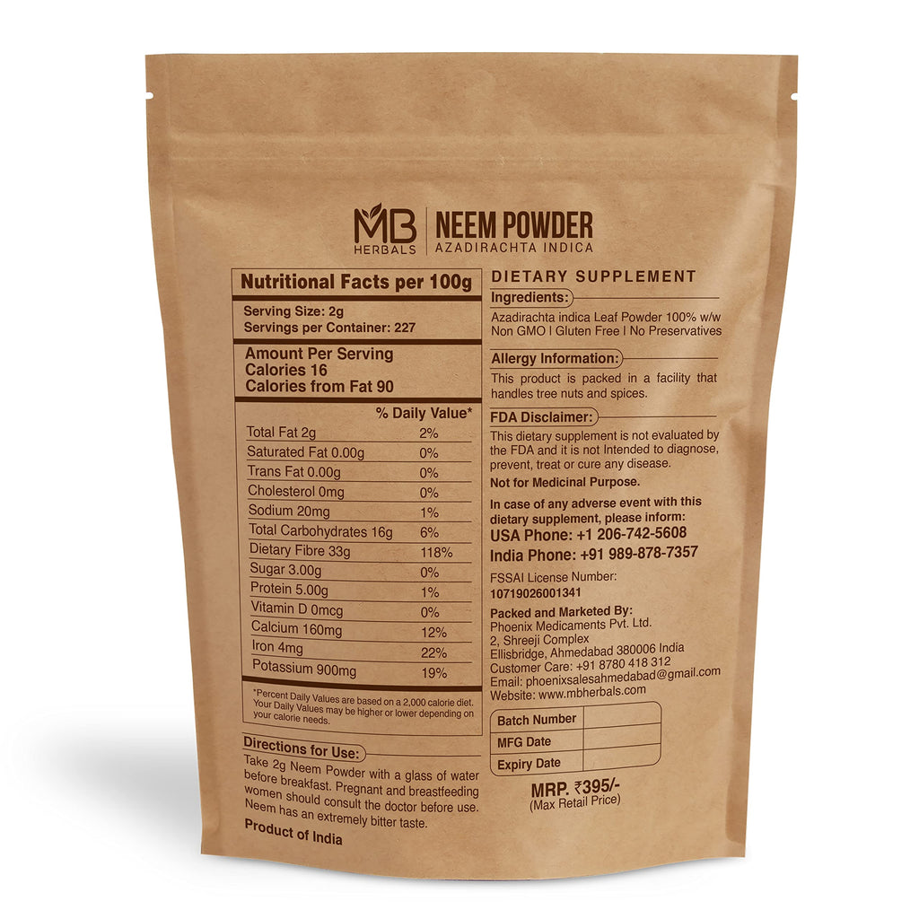 MB Herbals Pure Wildcrafted Neem Leaf Powder 16 Ounce packaging