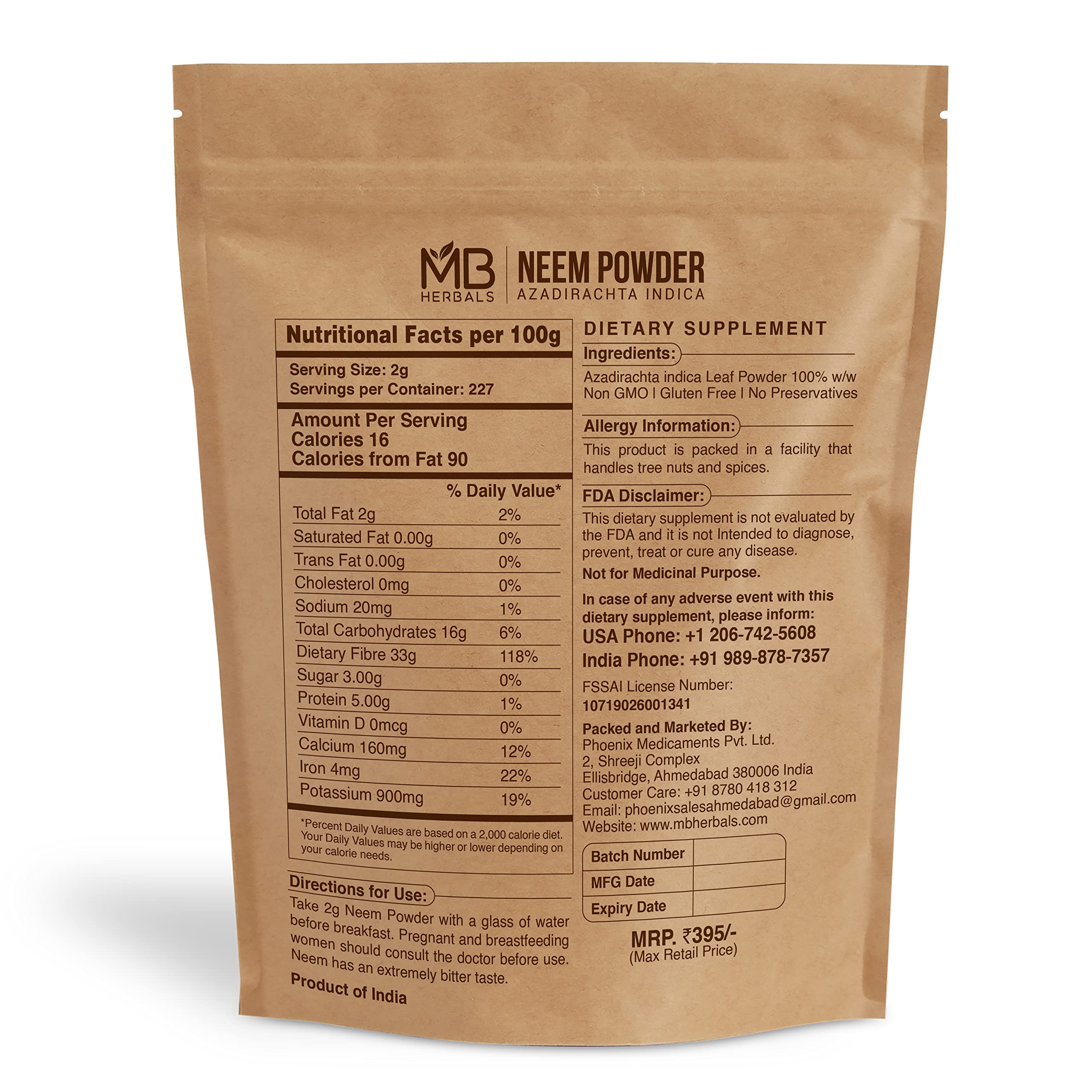 MB Herbals Pure Wildcrafted Neem Leaf Powder 16 Ounce packaging