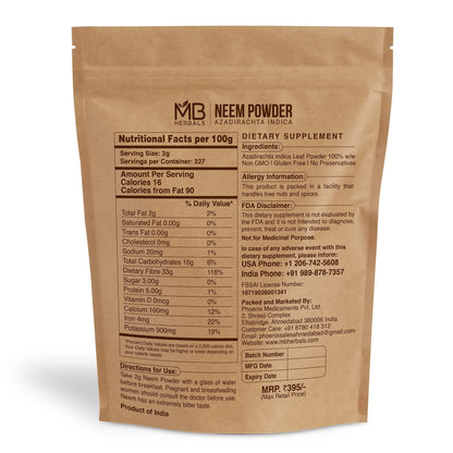 MB Herbals Pure Wildcrafted Neem Leaf Powder 16 Ounce packaging