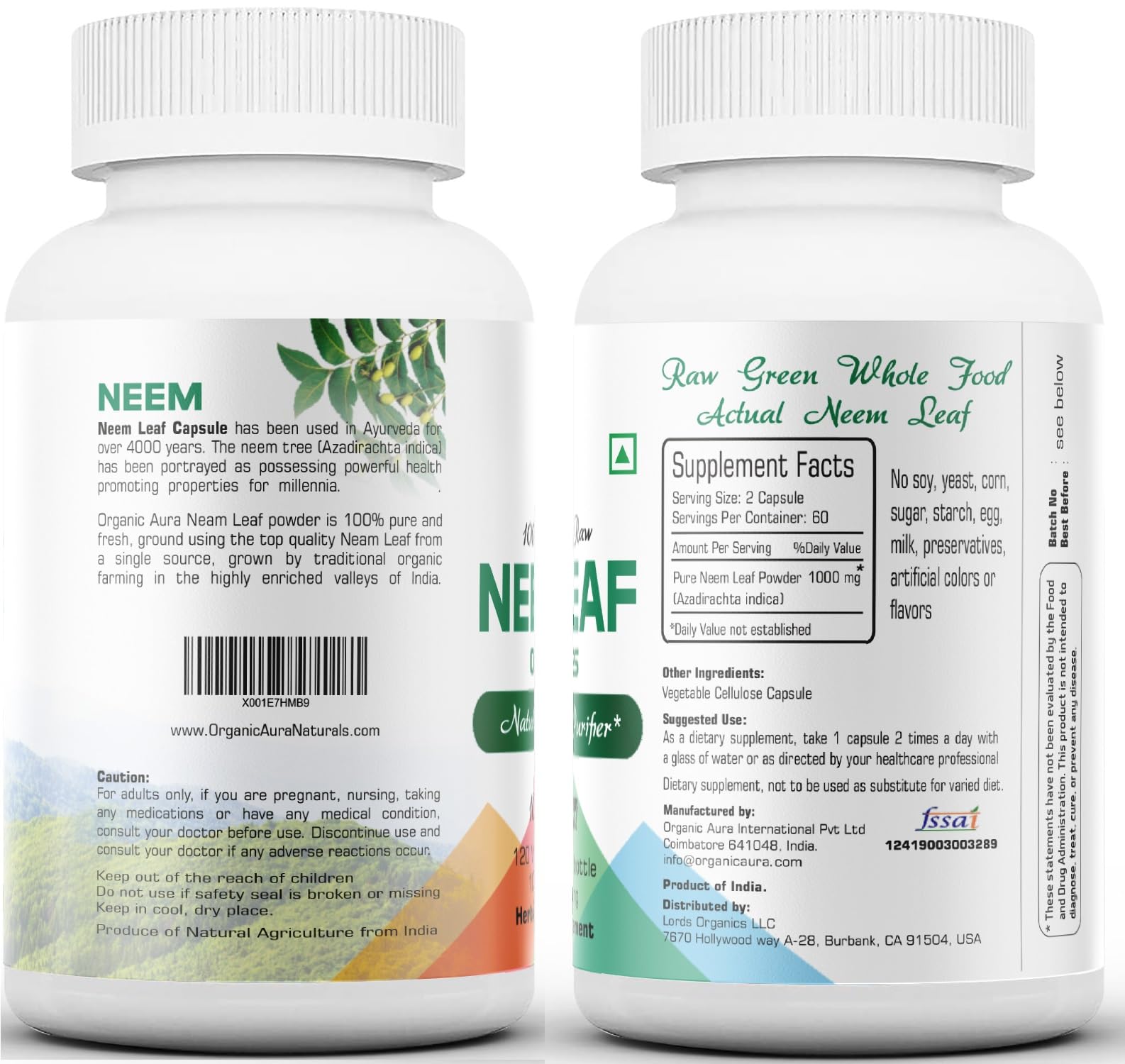 Organic Aura Neem Capsules supplement facts label