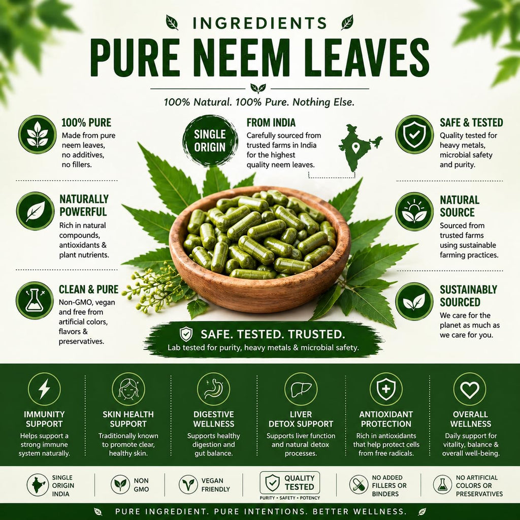 Organic Aura Neem Capsules pure raw whole leaf bottle