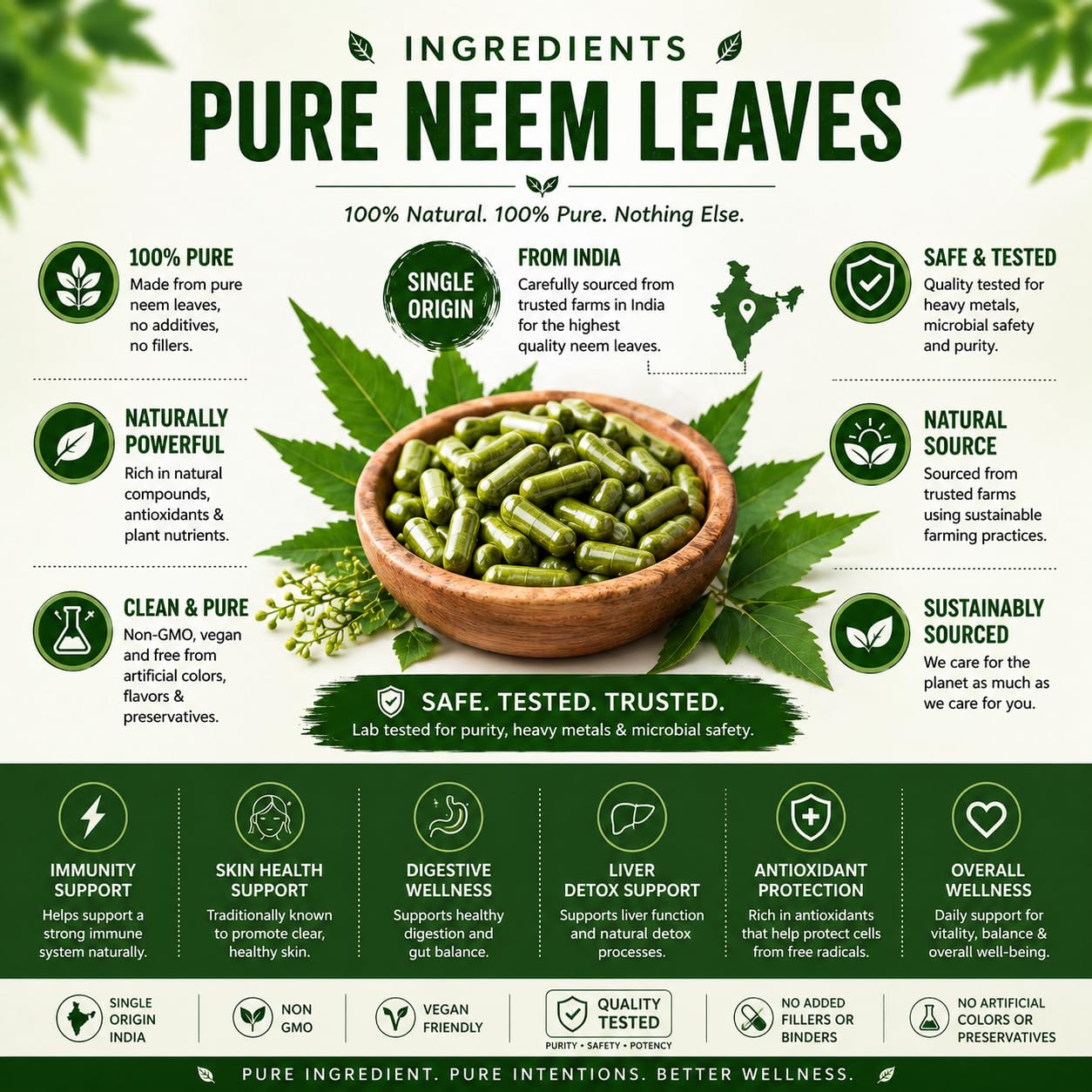 Organic Aura Neem Capsules pure raw whole leaf bottle