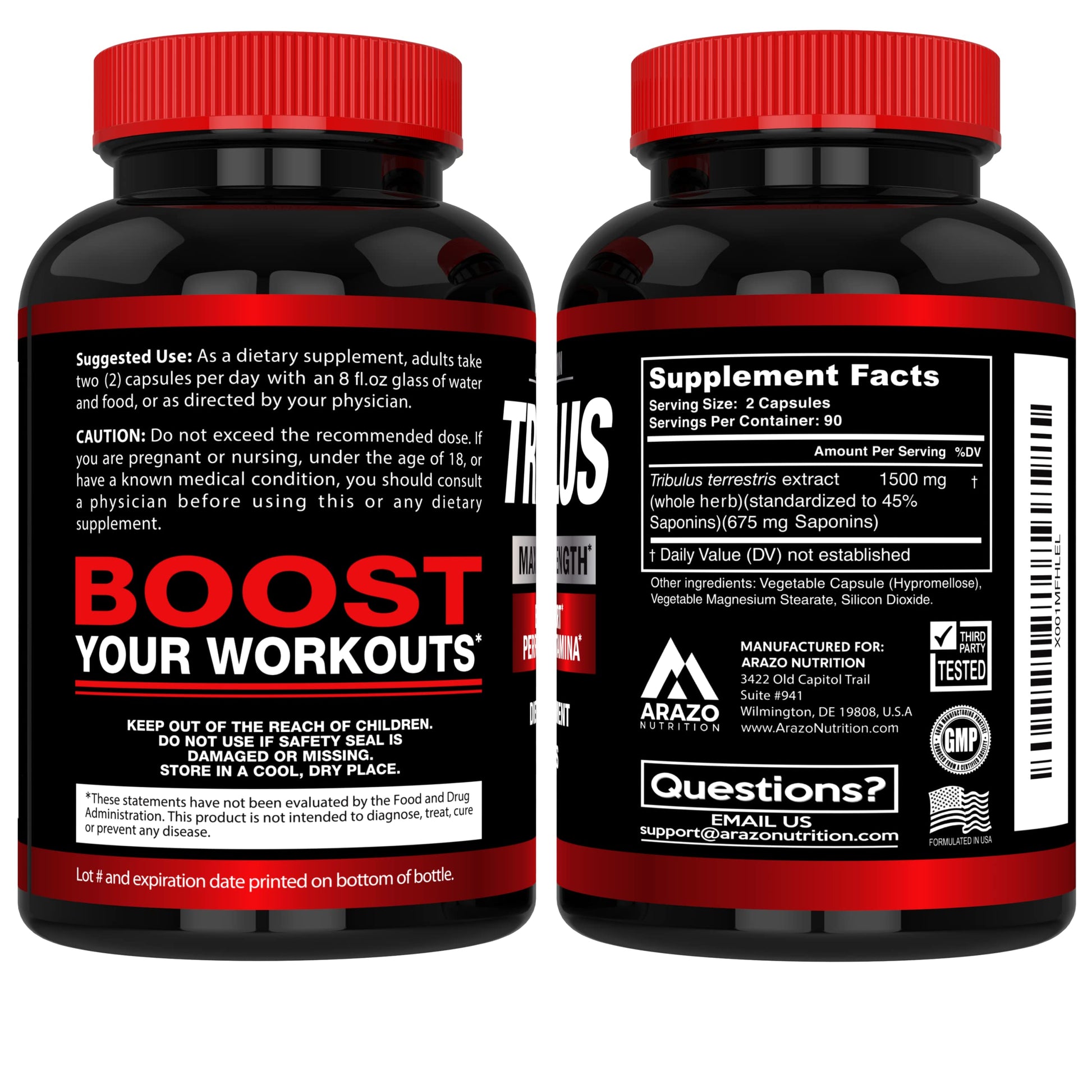 Side view of Arazo Nutrition Tribulus supplement bottle