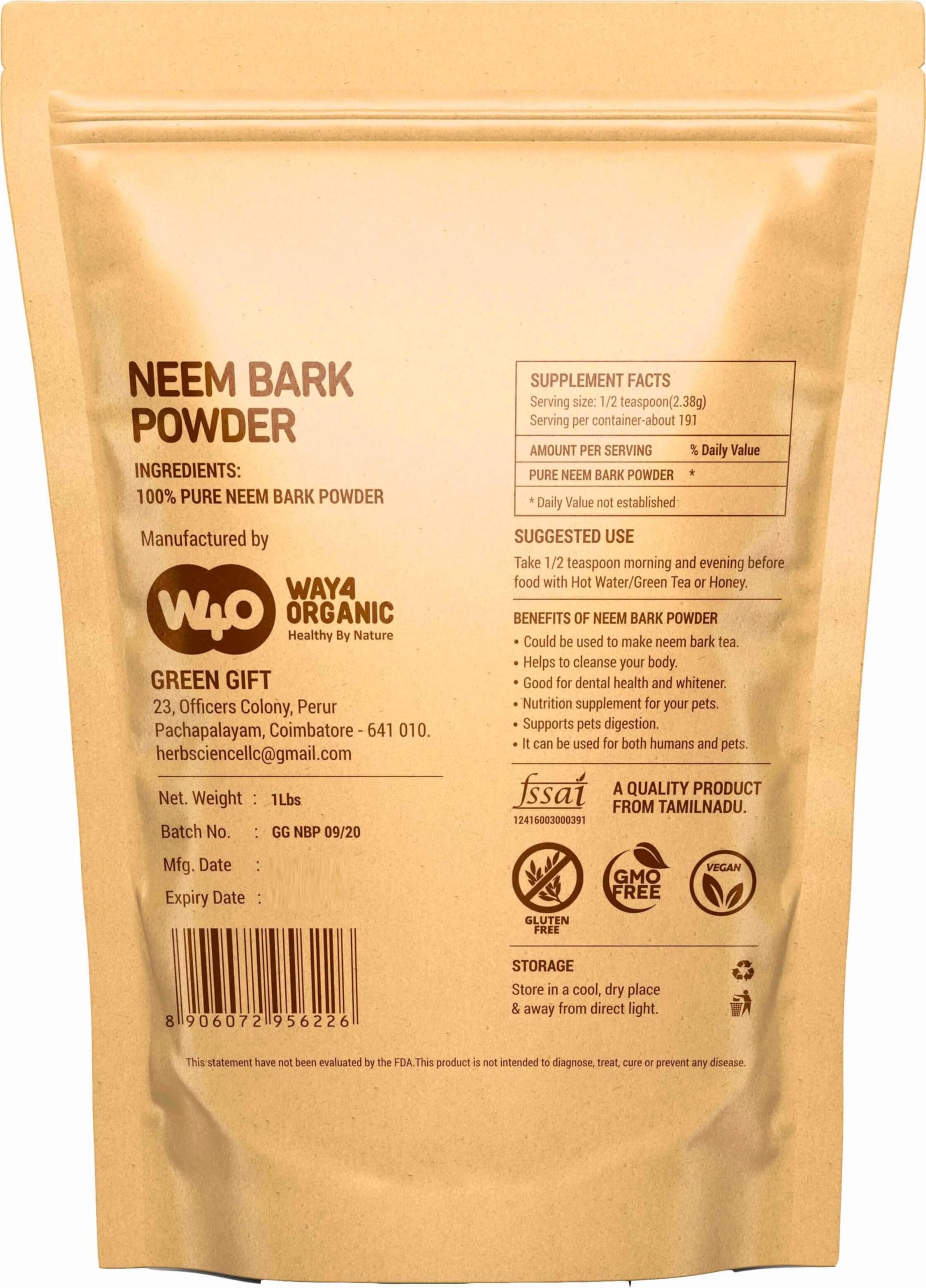 Way4Organic Neem Bark Powder herbal dental and digestion support pouch