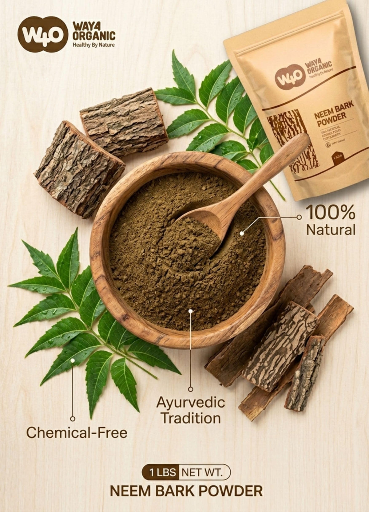 Way4Organic Neem Bark 16oz Powder natural tooth powder label