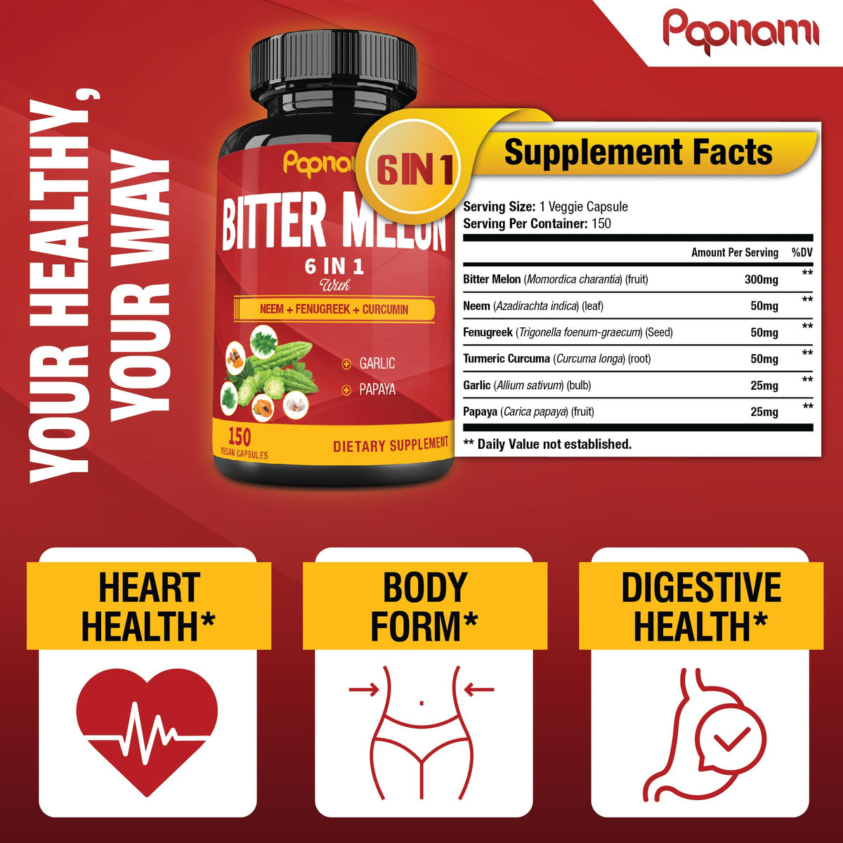 Papnami Organic Bitter Melon Extract Capsules supplement facts label