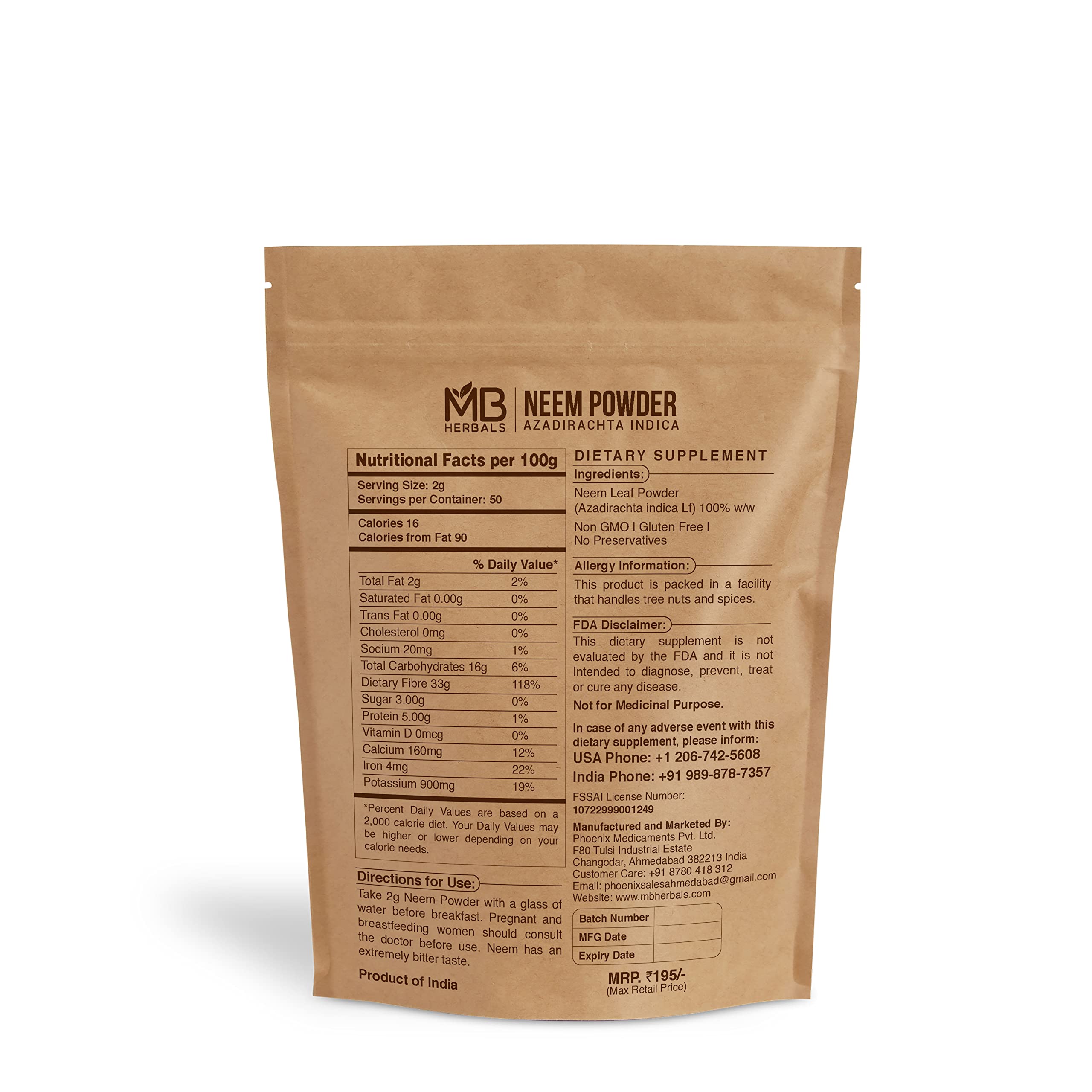 Wildcrafted MB Herbals Neem Leaf Powder 100 Gram packaging details