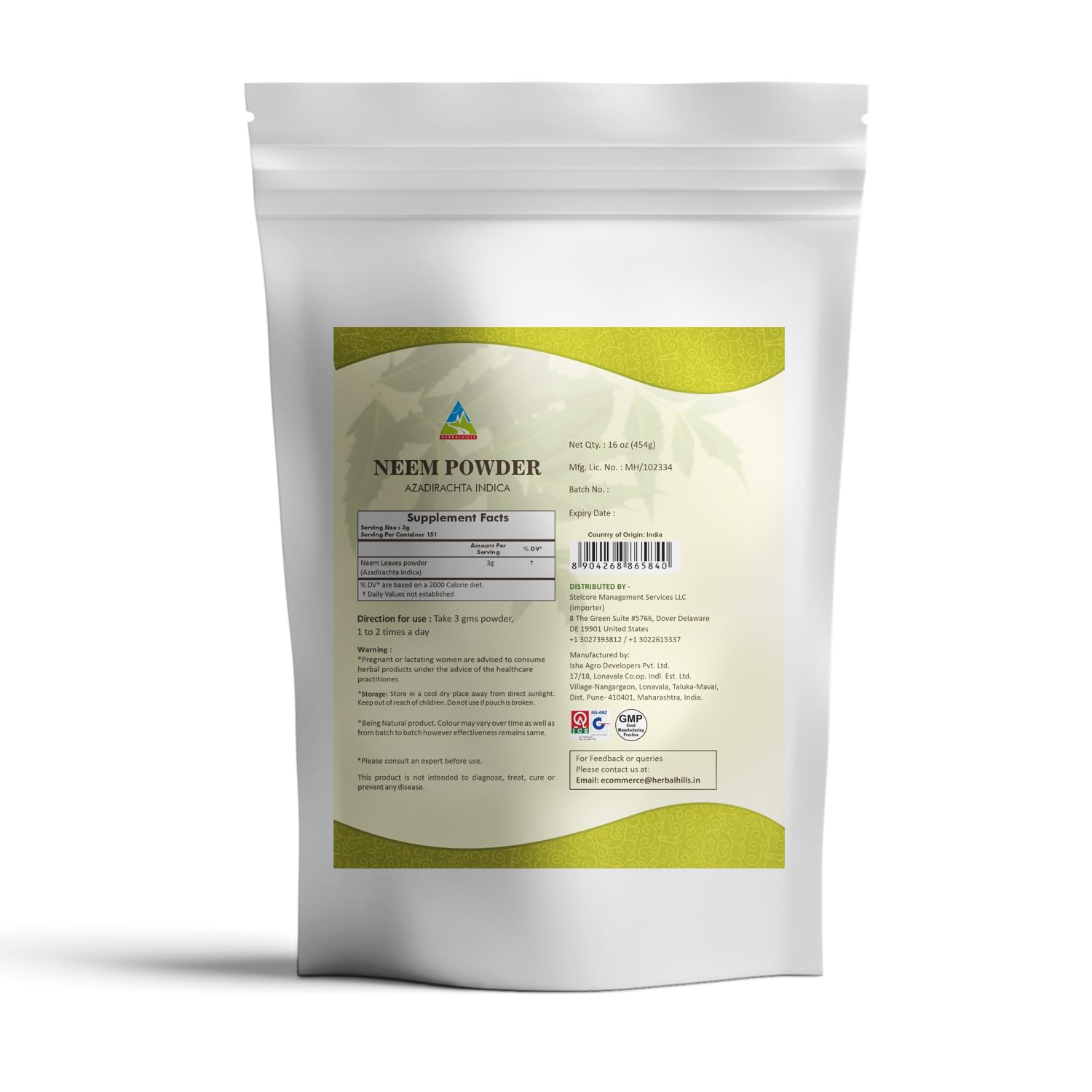 Herbal Hills Pure Neem Leaf Powder USDA organic certification label