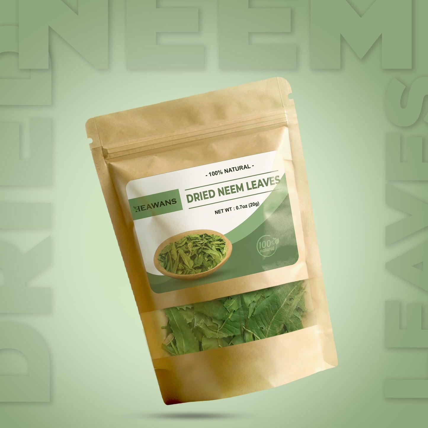 Heawans Naturally Grown Dried Whole Neem Leaves resealable pouch packaging