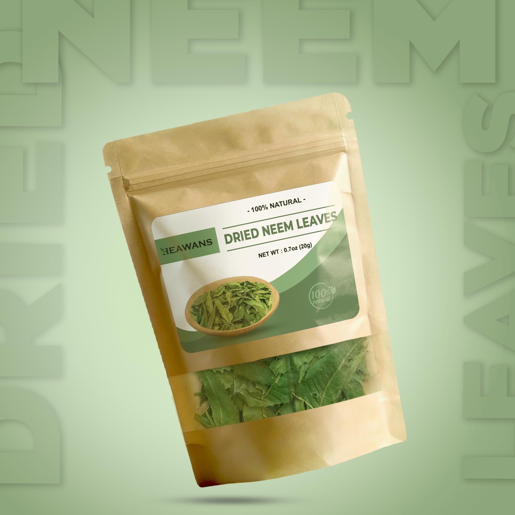 Heawans Naturally Grown Dried Whole Neem Leaves resealable pouch packaging