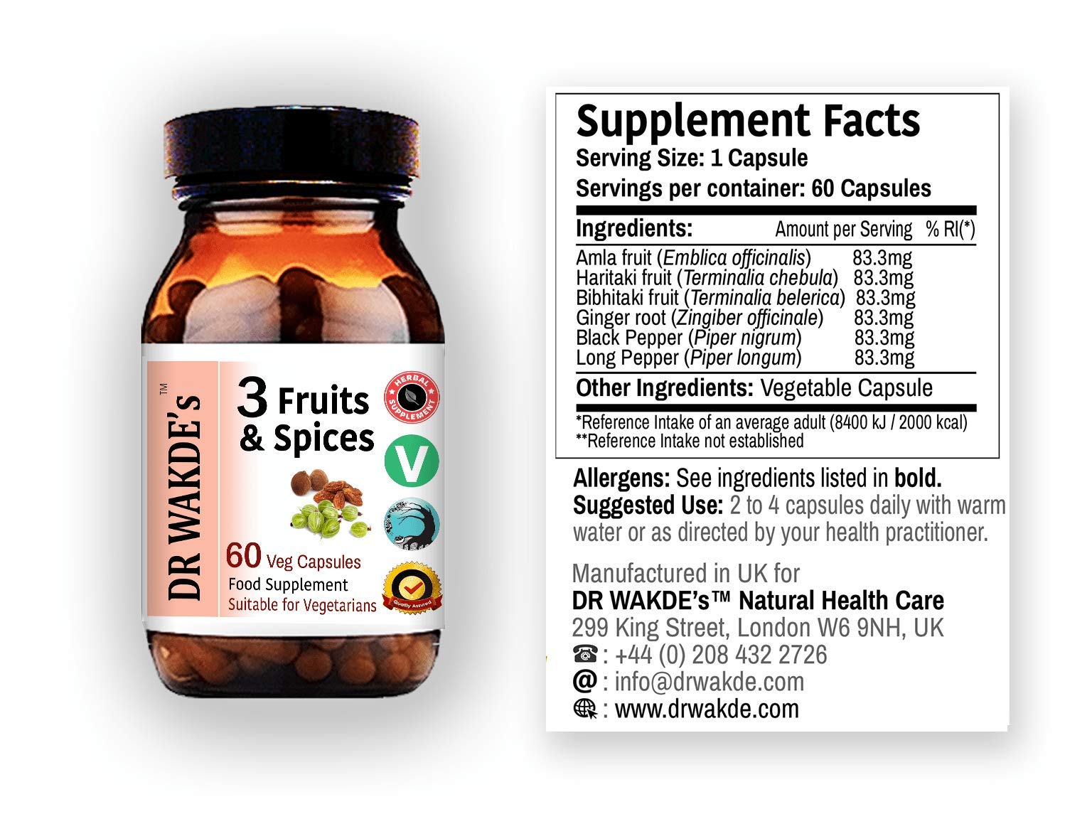 Dr Wakde's 3 Fruits And Spices 60 Veg Capsules Label Details