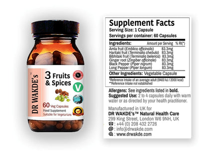 Dr Wakde's 3 Fruits And Spices 60 Veg Capsules Label Details