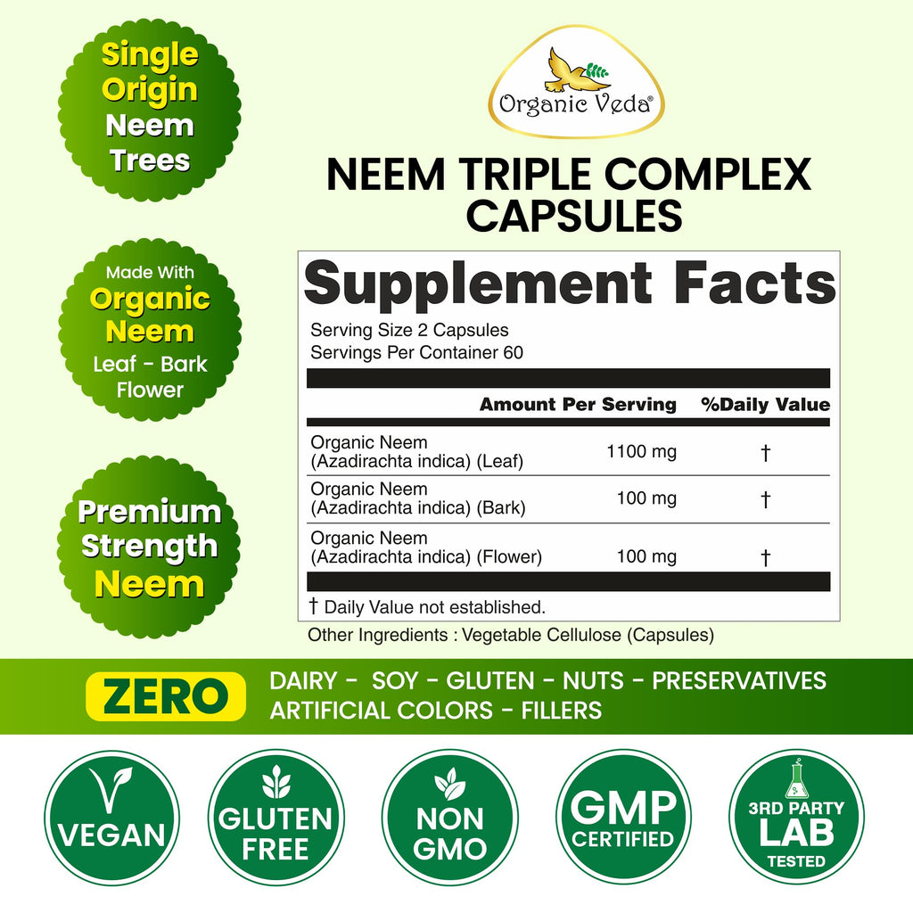Organic Veda Neem Triple Complex supplement facts label