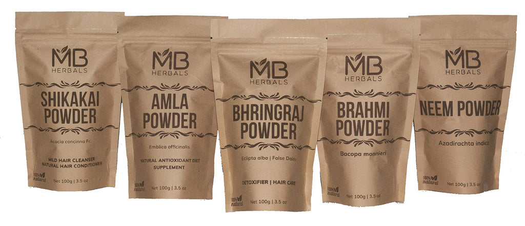 MB Herbals Hair Care Powder Combo Pack individual bags layout