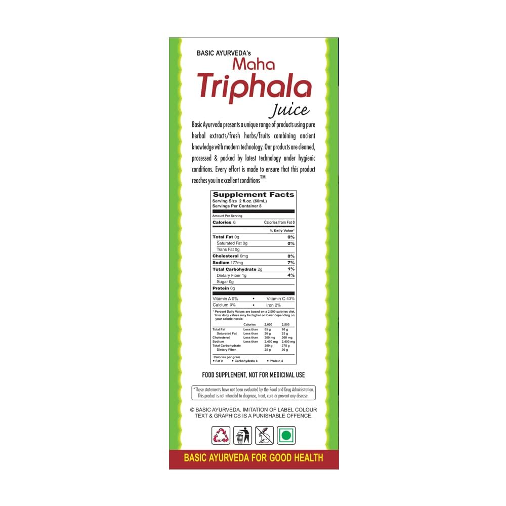 Basic Ayurveda Maha Triphala Ras ingredient list panel showing Amla, Harad, and Baheda.