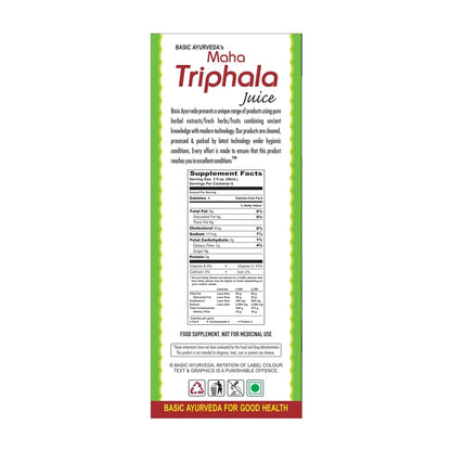 Basic Ayurveda Maha Triphala Ras ingredient list panel showing Amla, Harad, and Baheda.
