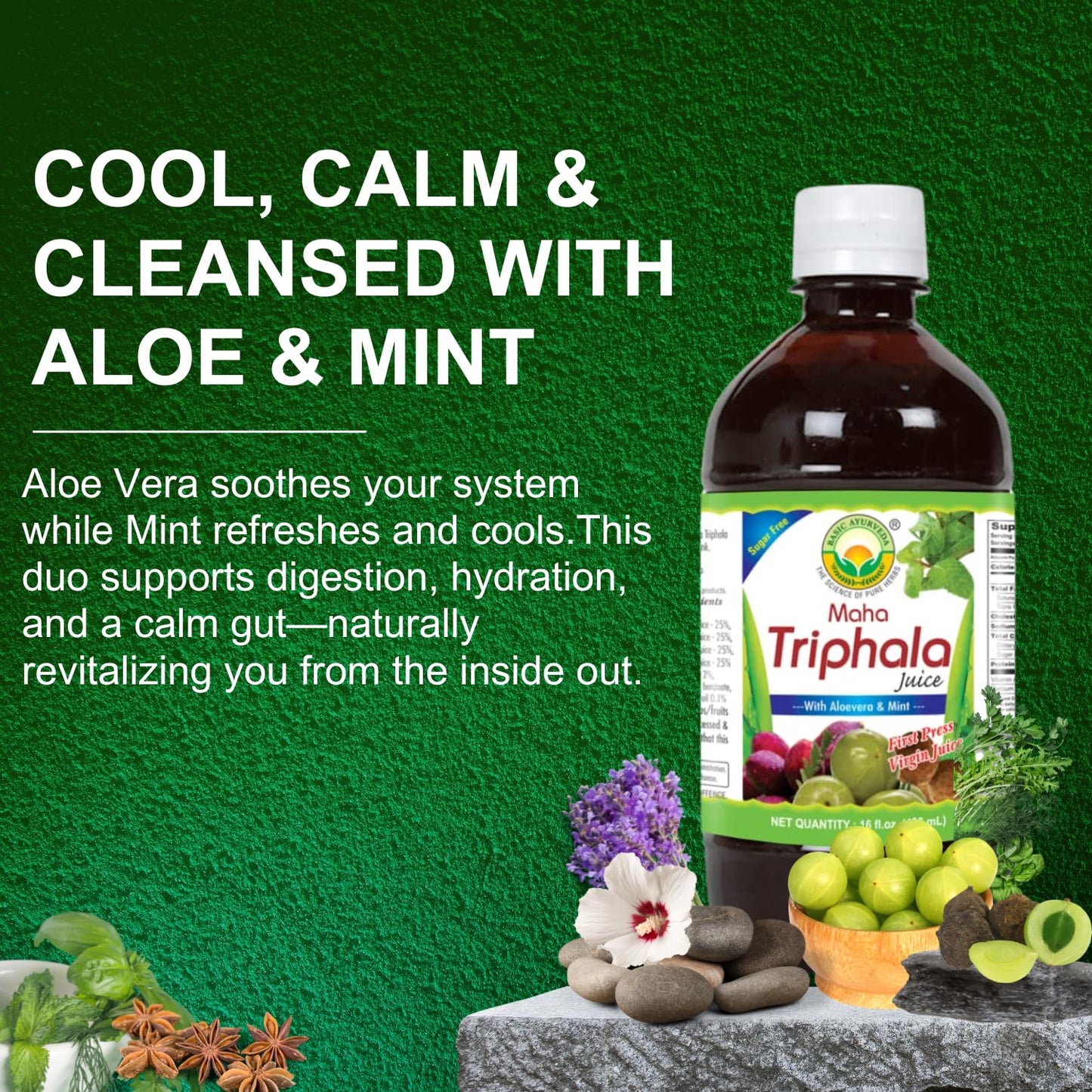 Basic Ayurveda Triphala Aloe Vera and Mint blend juice nutritional information label.