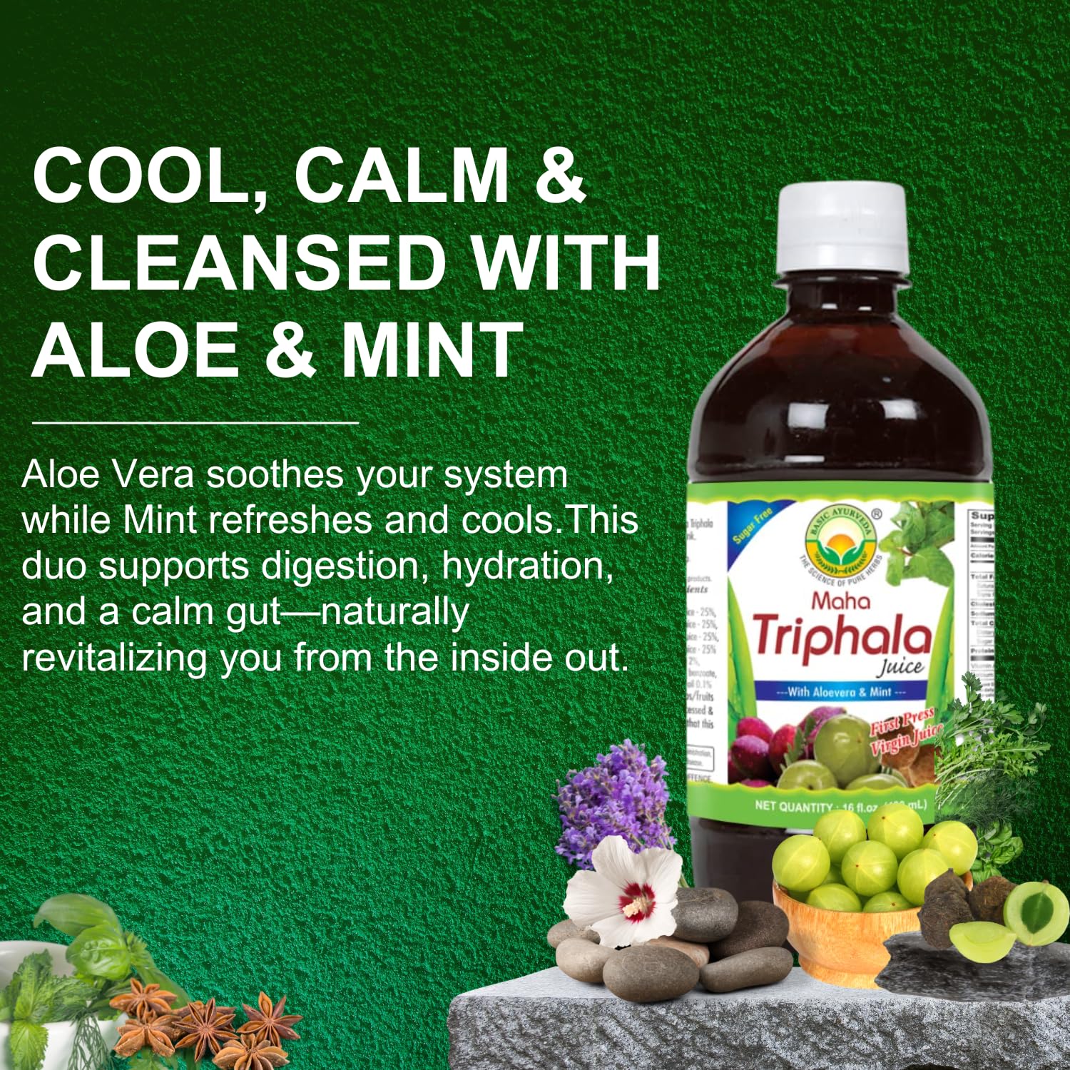 Basic Ayurveda Triphala Aloe Vera and Mint blend juice nutritional information label.