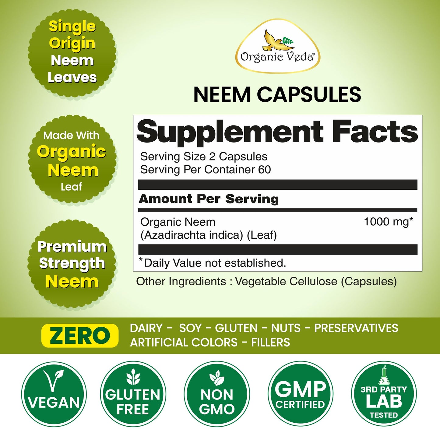 Organic Veda Neem vegan capsules supplement facts label