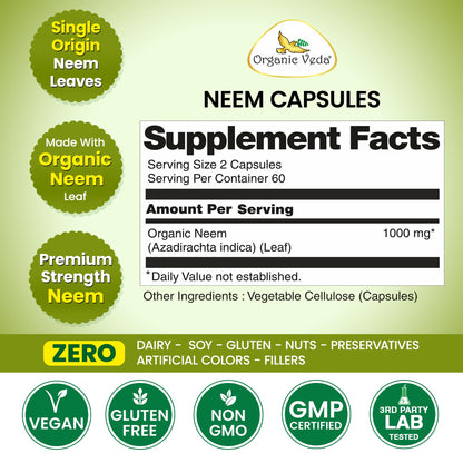 Organic Veda Neem vegan capsules supplement facts label