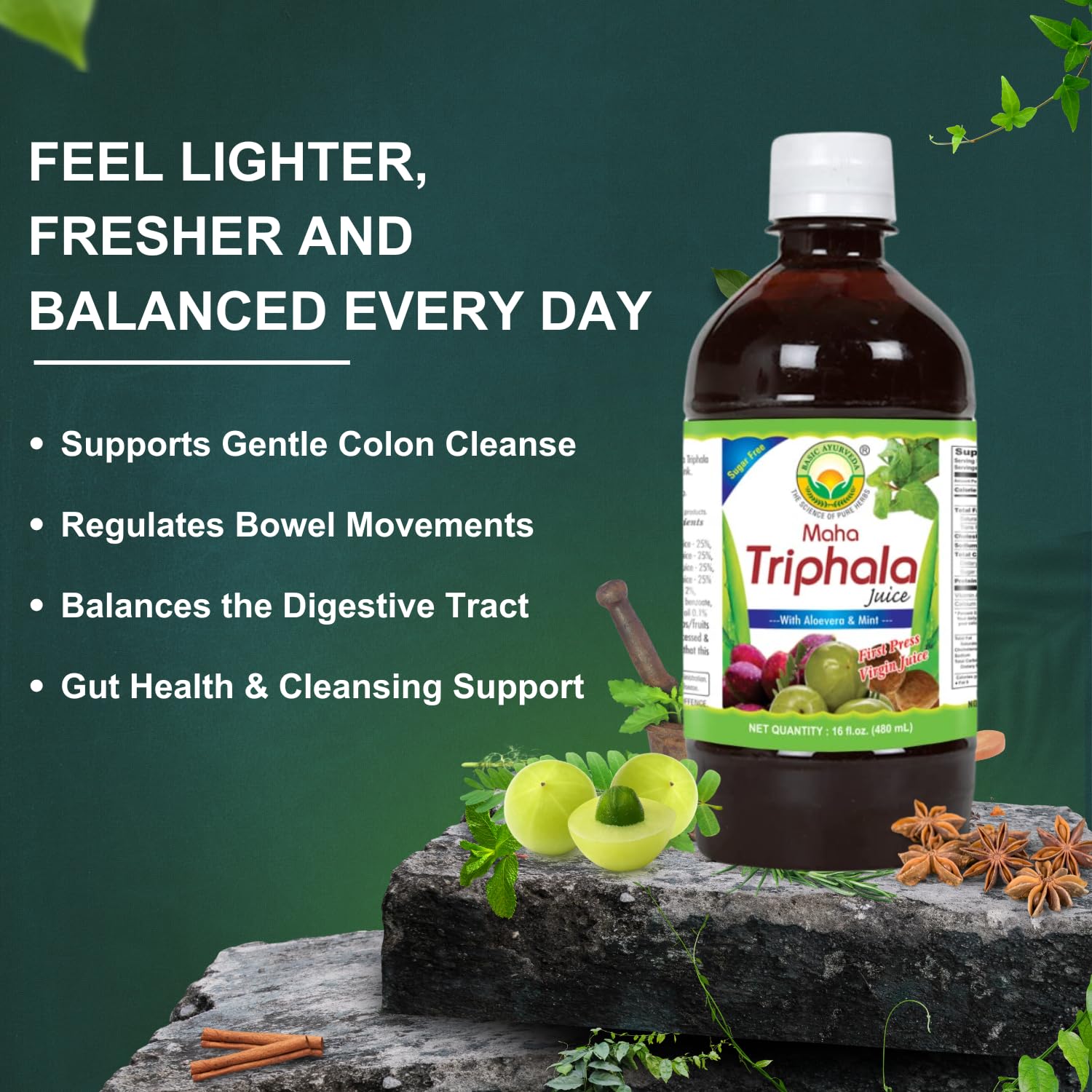 Basic Ayurveda premium herbal juice bottle showing first press virgin juice seal.