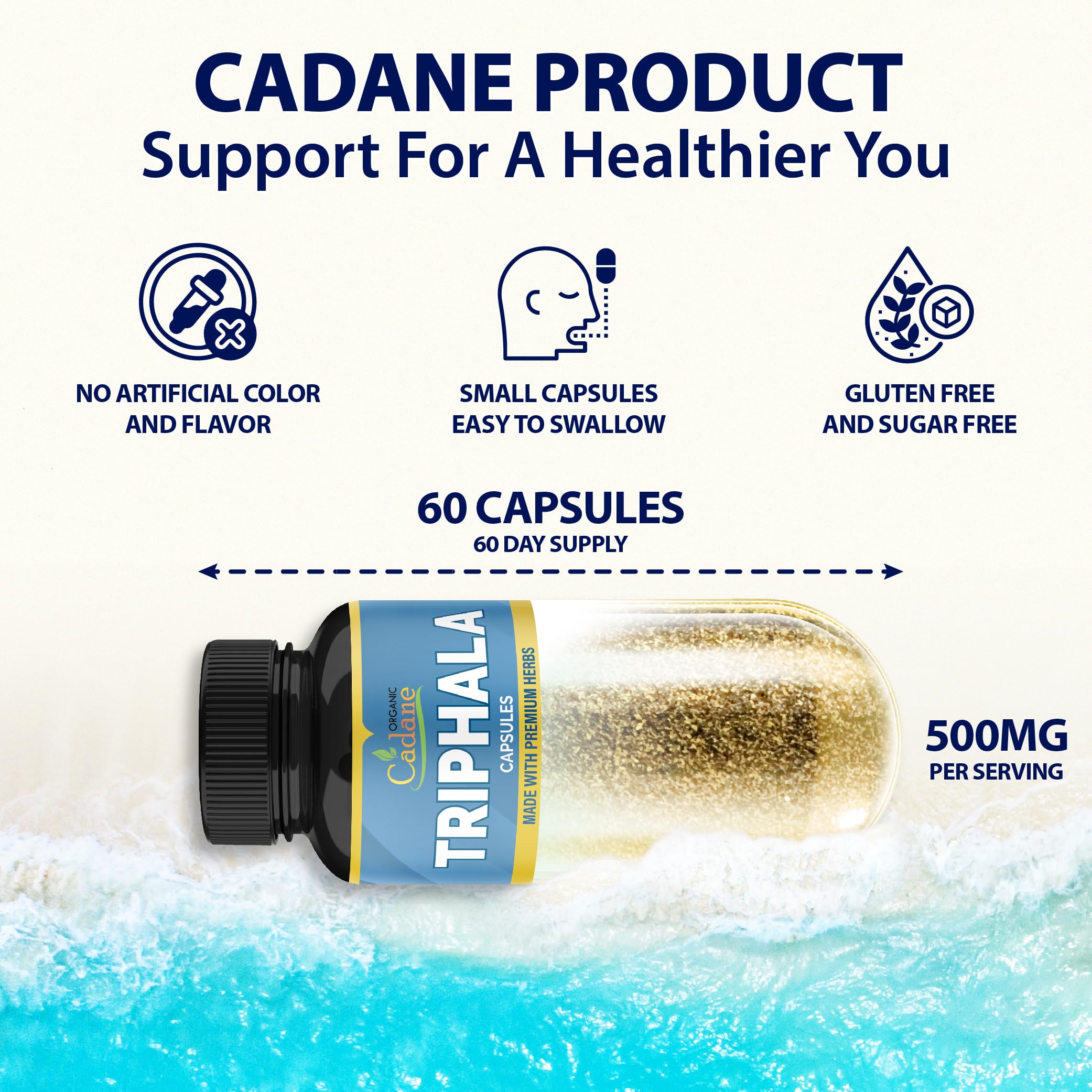 Organic Cadane Triphala supplement label detailing turmeric moringa guggul ingredients list.