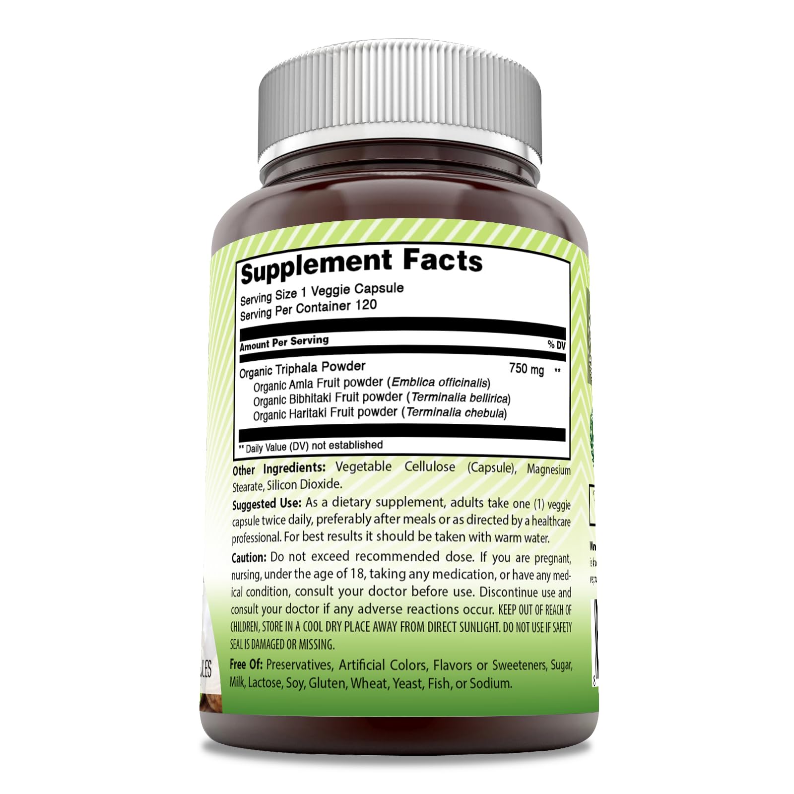 Amazing India Triphala 750mg dietary supplement capsules showing clean label ingredients and non-GMO seals