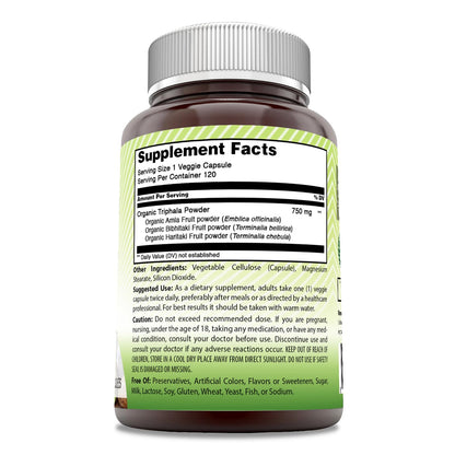Amazing India Triphala 750mg dietary supplement capsules showing clean label ingredients and non-GMO seals