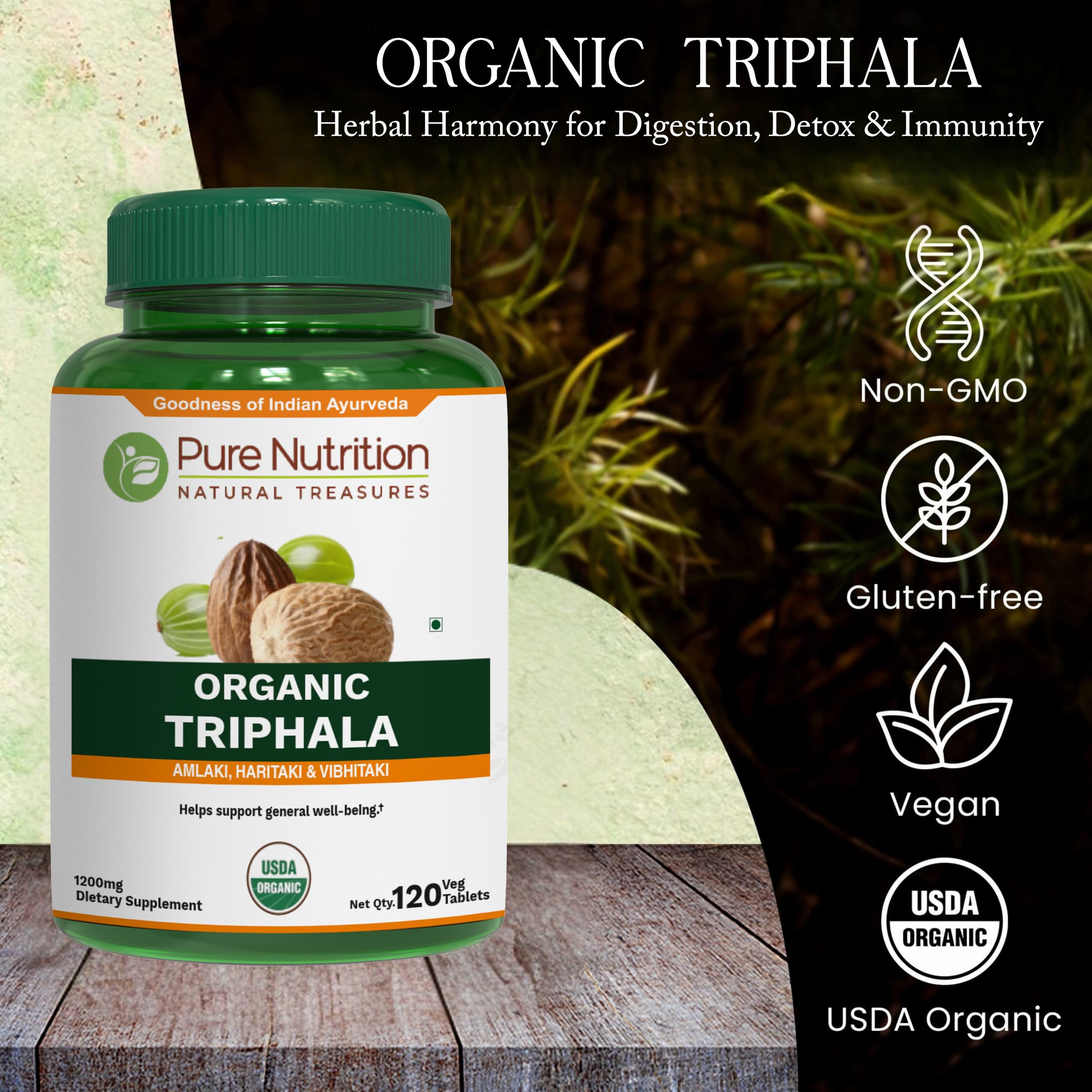 Side angle of the Pure Nutrition Triphala bottle highlighting the USDA organic and non-GMO seals.