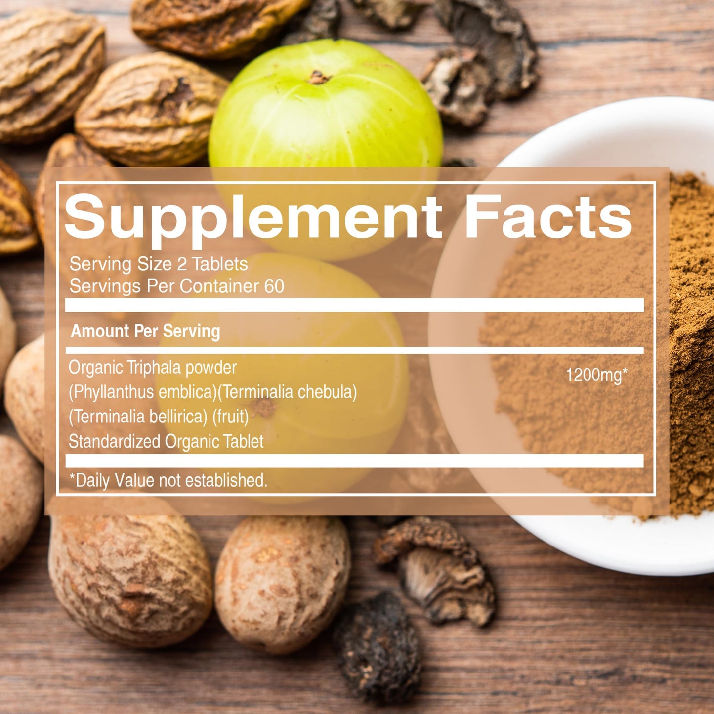Back label of Pure Nutrition Triphala tablets displaying the 1200mg Ayurvedic blend ingredient breakdown.