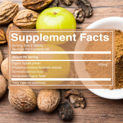 Back label of Pure Nutrition Triphala tablets displaying the 1200mg Ayurvedic blend ingredient breakdown.