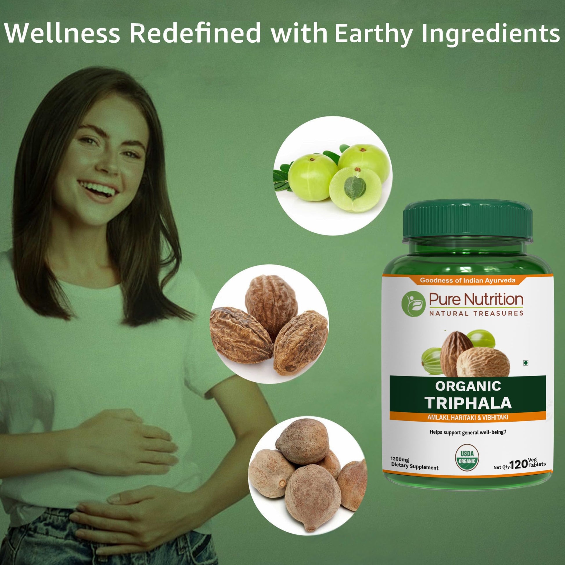Close-up view of the vegan Triphala tablets beside the premium imported packaging bottle.