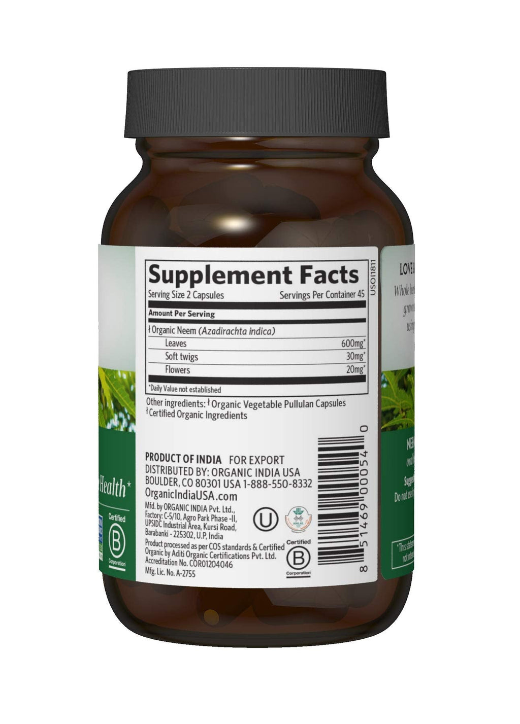 Organic India Neem supplement USDA organic certification label