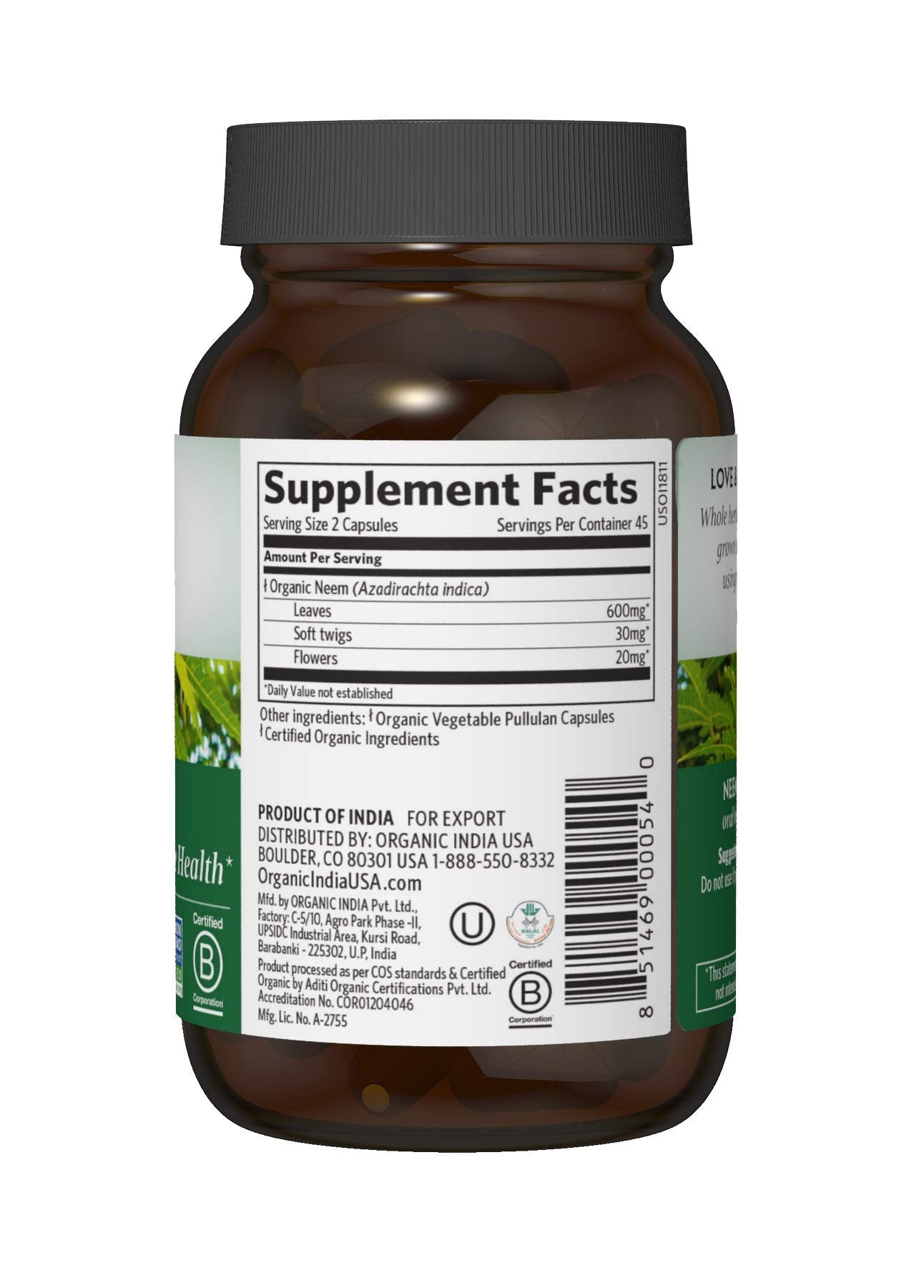 Organic India Neem supplement USDA organic certification label