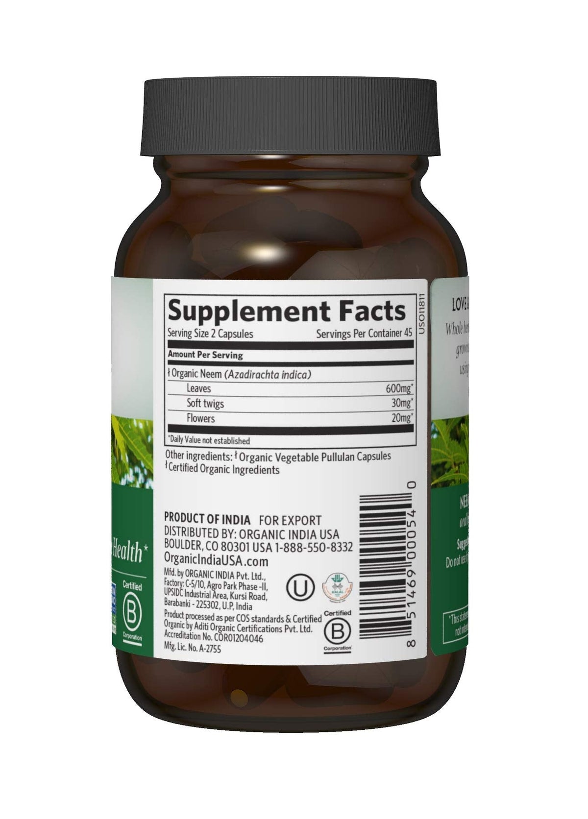 Organic India Neem supplement USDA organic certification label
