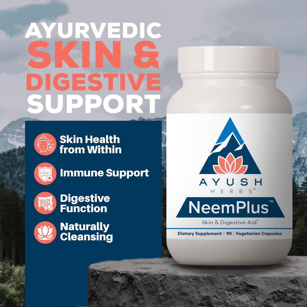 Ayush Herbs Neem Plus Ayurvedic Supplement Bottle Back Ingredients