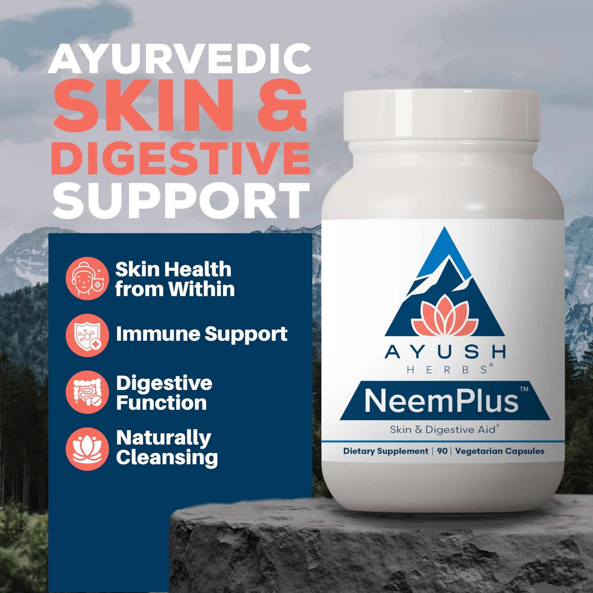 Ayush Herbs Neem Plus Ayurvedic Supplement Bottle Back Ingredients